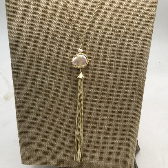 Hand Crafted Jewelry - White Coin Pearl Tassels Gold Chain Necklace - Adjustable Length